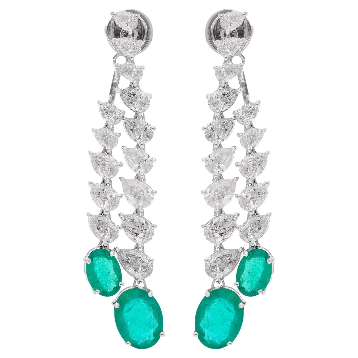 Oval Zambian Emerald Gemstone Jacket Earrings Diamond 18k White Gold Jewelry