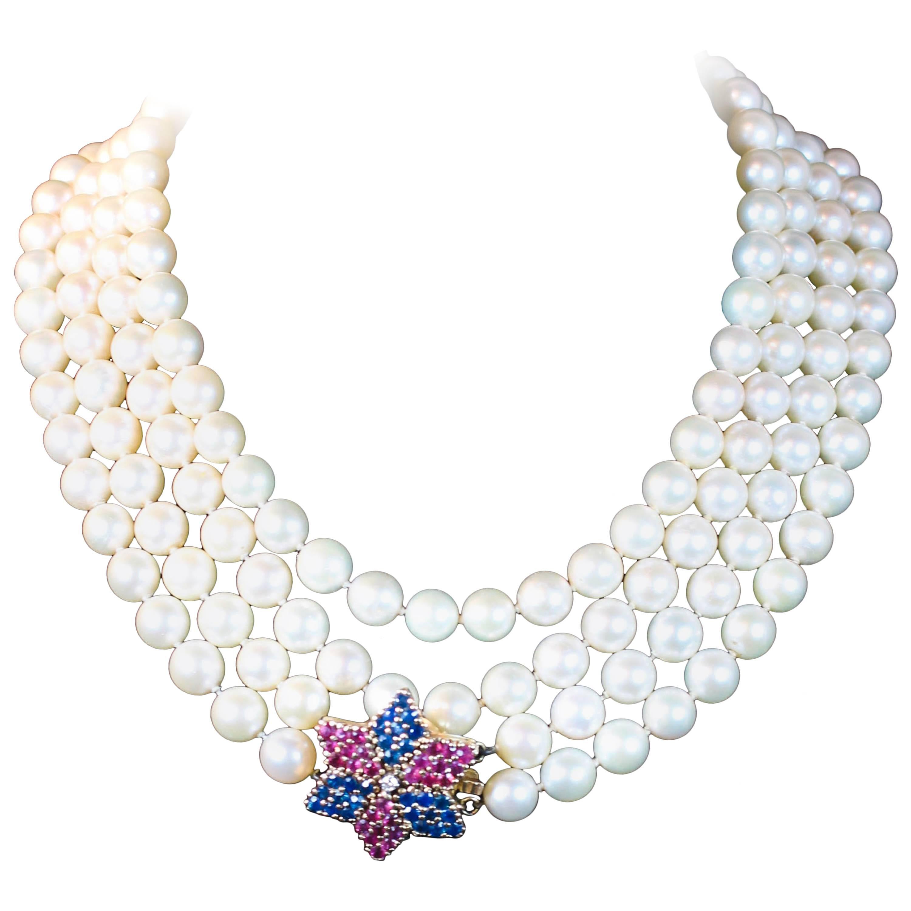 Pearl Gold Multi Strand Necklace with Ruby Diamond and Sapphire Clasp
