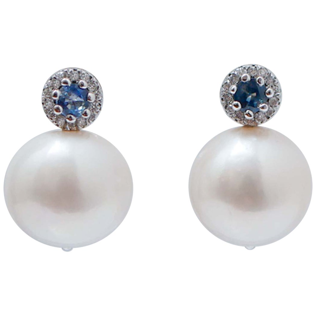 Pearls, Sapphires, Diamonds, 14 Karat White Gold Earrings.