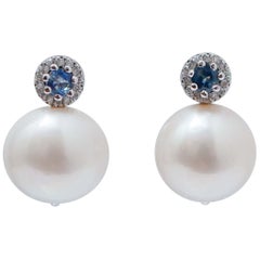 Pearls, Sapphires, Diamonds, 14 Karat White Gold Earrings.