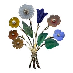 Art Deco Diamond Multi-Gem Floral Bouquet Brooch White Gold Czechoslovakia 1930s