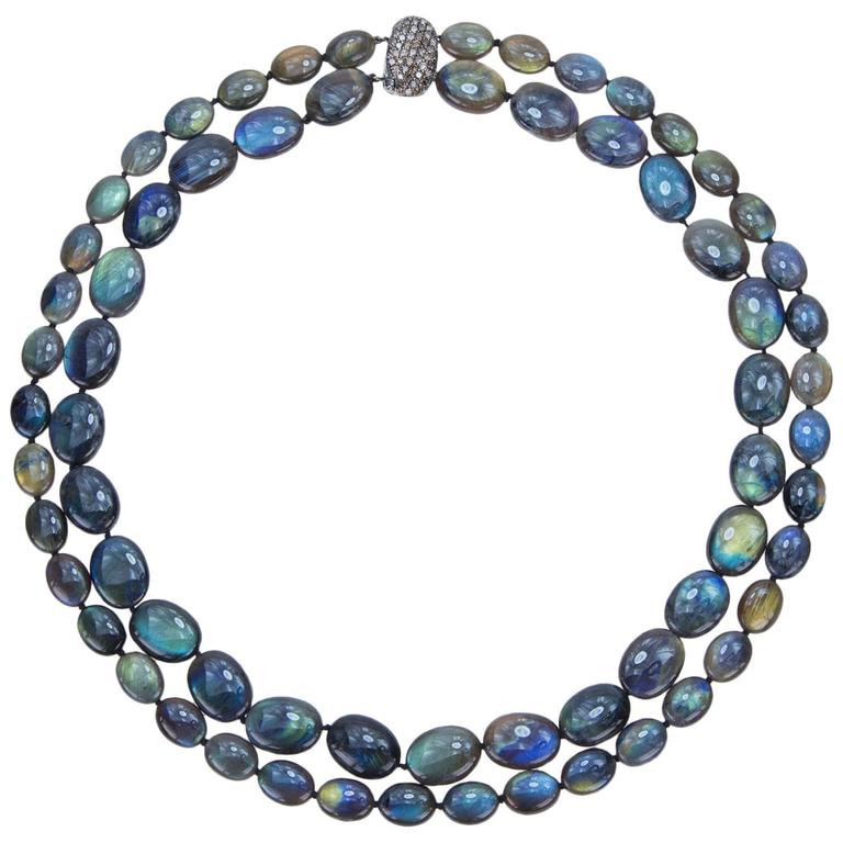 A "Samuel Getz" Fine Labradorite Bead Necklace w/2 Sided Pavé Cognac
