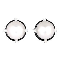 Pendientes de perlas del Mar del Sur 0,77 quilates de diamantes talla euro viejo, halo de ónice, platino