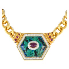 David Webb 18K Yellow Gold 2.0ct Diamond, Azurmalachite, Ruby Statement Necklace