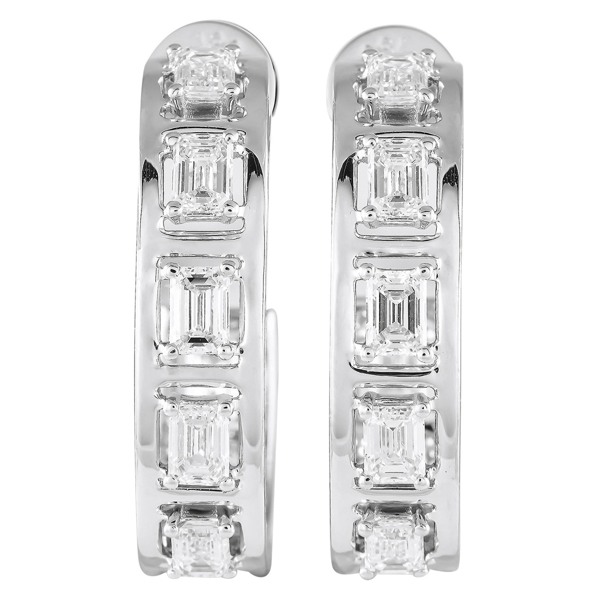 18K White Gold 2.55ct Diamond Emerald-Cut C-Hoop Earrings