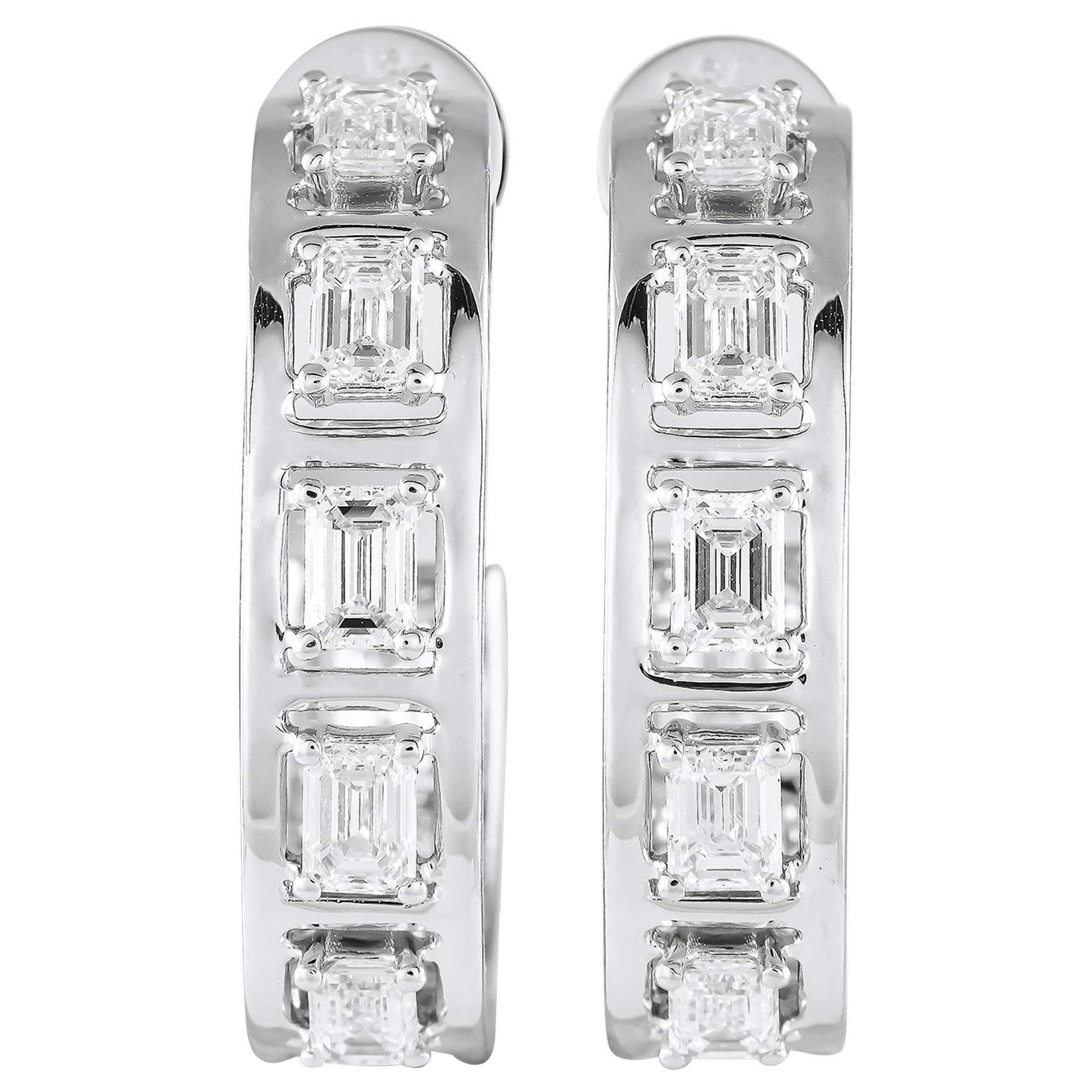18K White Gold 3.50ct Diamond Emerald-Cut C-Hoop Earrings