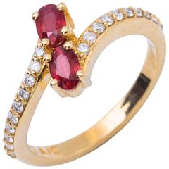 Ever-Us Two Rubies Diamond Yellow Gold Solitaire Crossover Engagement Ring