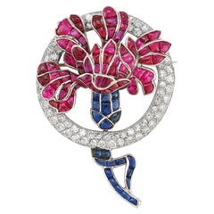 Van Cleef and Arpels Art Deco Ruby and Sapphire Flower Brooch