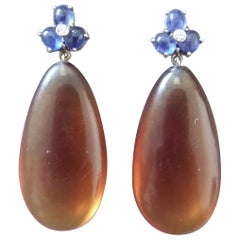 3 Blue Sapphire Cabs 14 Kt White Gold Diamonds Natural Amber Drops Earrings