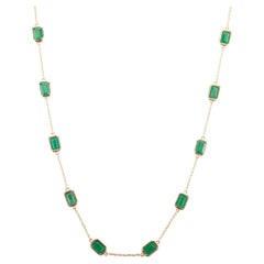 5.41 Carat Octagon Emerald Station Chain Necklace in 14k Solid Yellow Gold