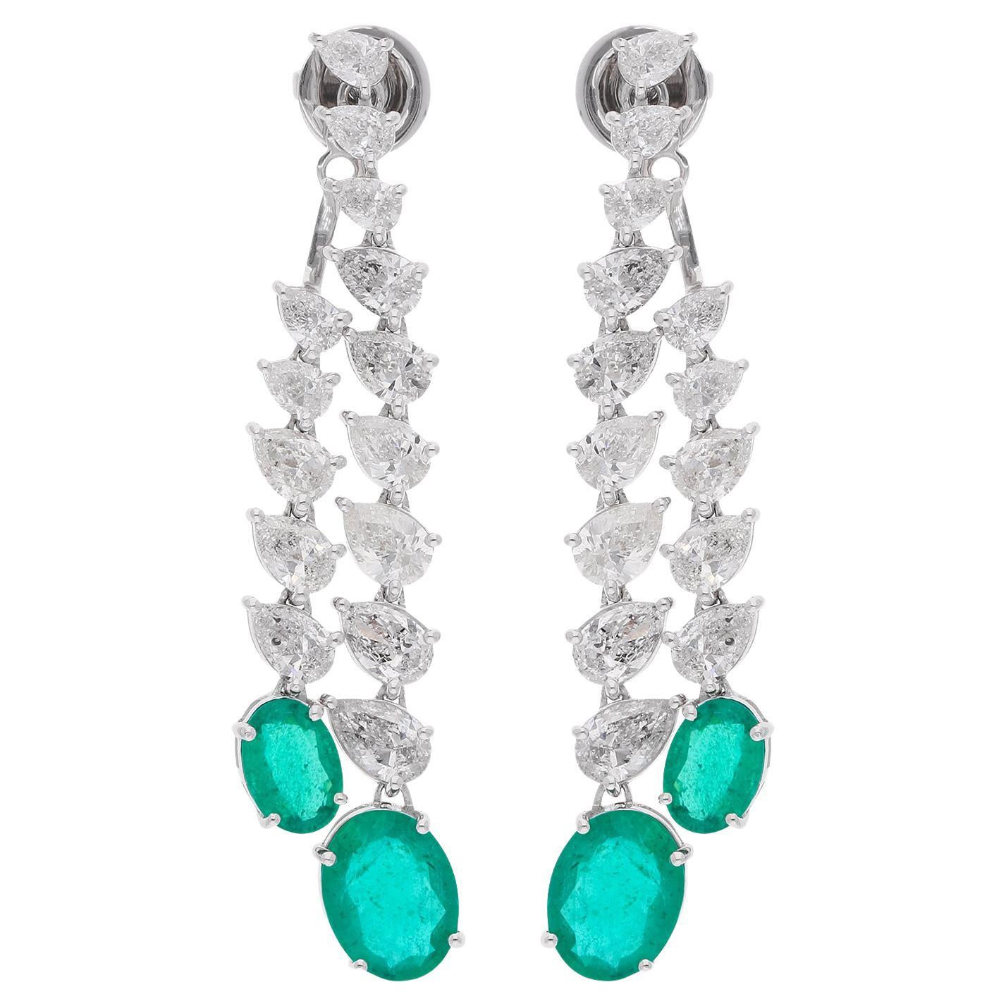 Oval Zambian Emerald Gemstone Jacket Earrings Diamond 14k White Gold Jewelry