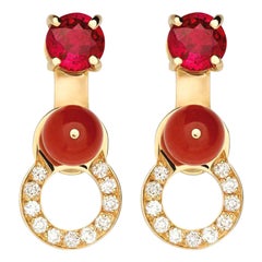 Nathalie Jean 0.11 Carat Diamond Ruby Carnelian Gold Drop Dangle Earrings