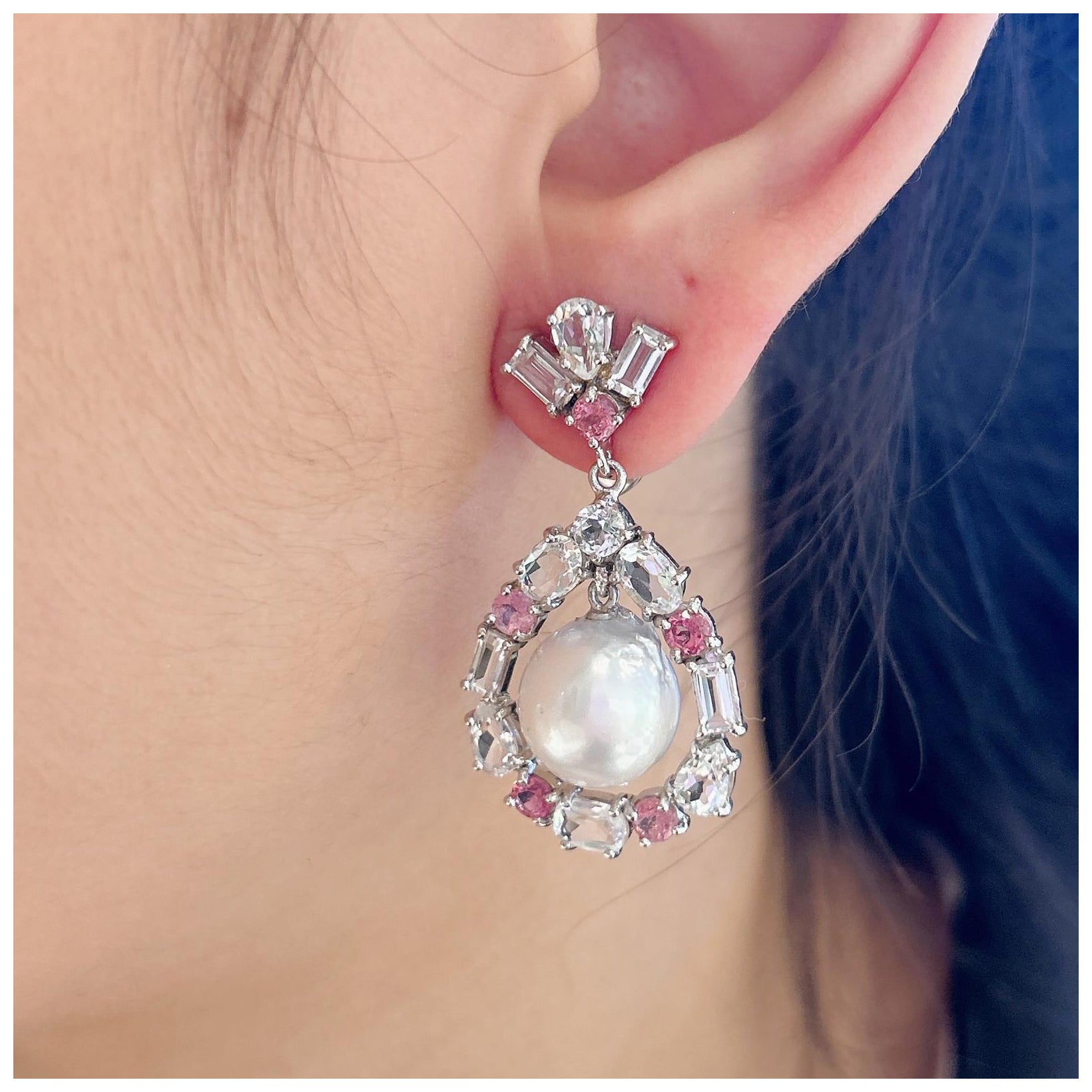 Juego de Pendientes Bochic "Oriente" Zafiro Rosa, Topacio y Perla Oro de 18 quilates y Plata