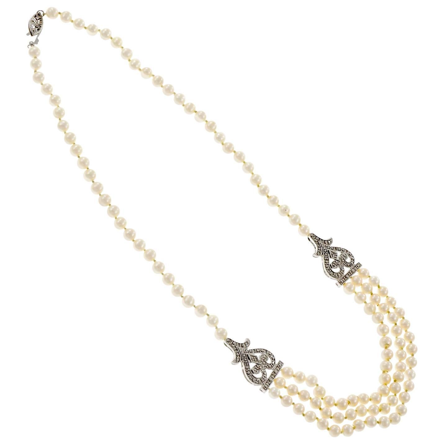 Cultured Freshwater Pearl Diamond Multi Strand Gold Necklace For Sale