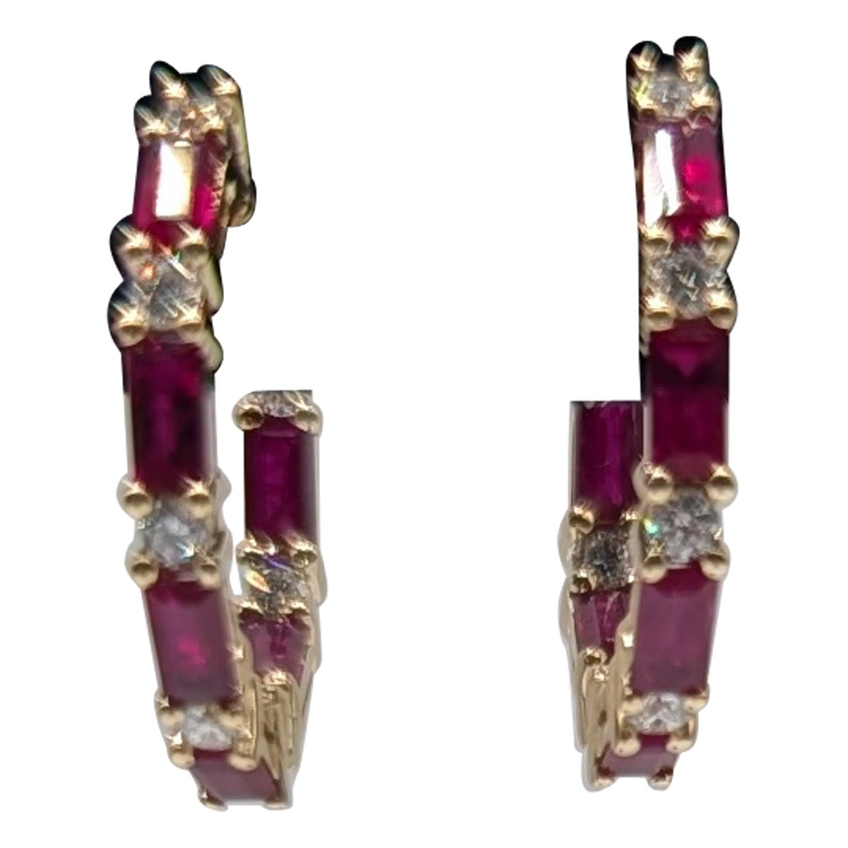 14k Gold Hoop Earrings with .50ct in round diamonds and 1.90ct emerald cut Ruby For Sale