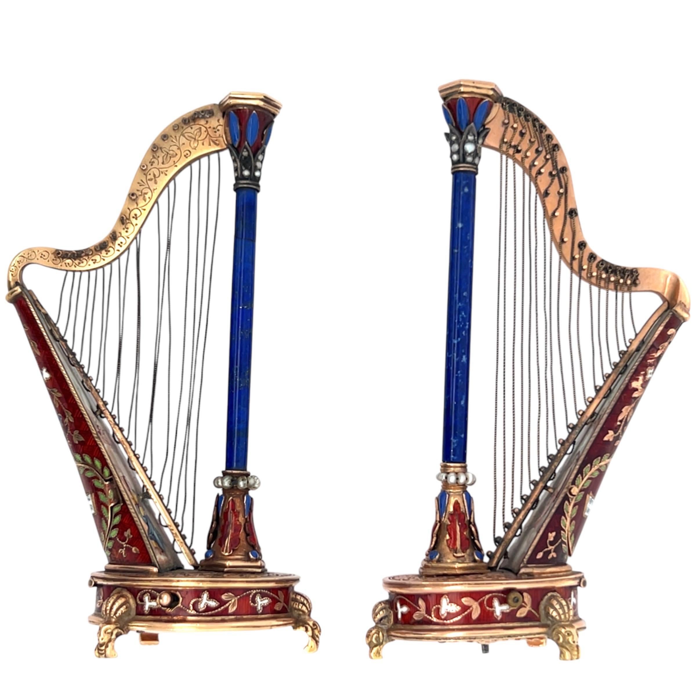 Pair of Antique Gold and Enamel Musical Harps For Sale