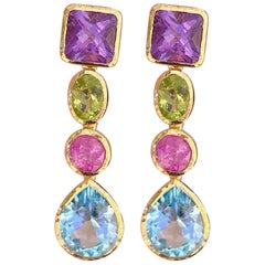 Juego de Pendientes Bochic "Oriente" Amatista, Peridoto, Rubí y Topacio Oro de 18 quilates y Plata