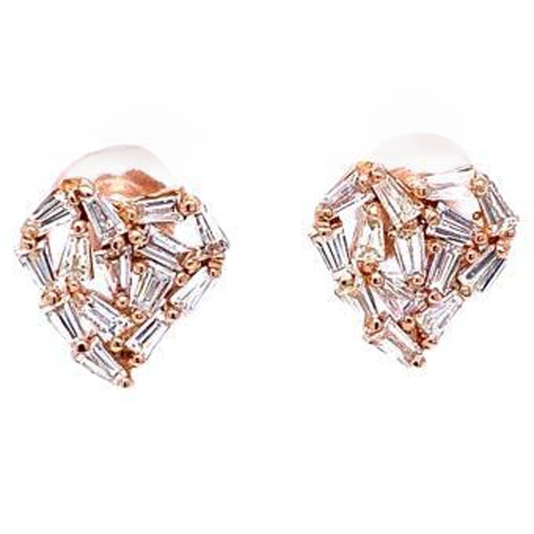 Natural Baguette Cut 1.38 Carat Diamond 14 Karat Rose Gold Stud Earrings
