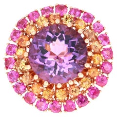 Anello moderno in oro rosa 14 carati con ametista e zaffiro di taglio rotondo da 7,44 carati