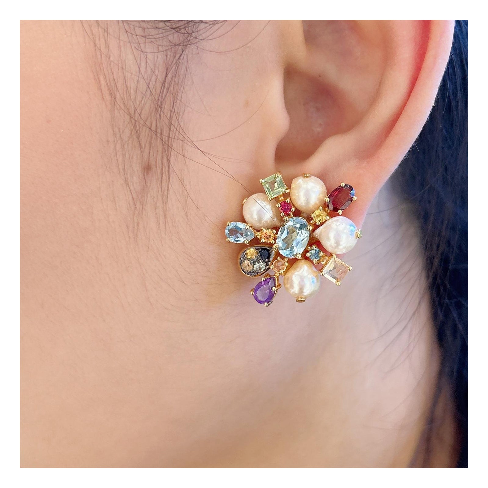 Bochic “Orient” Vintage Retro Multi Gem Burst Earrings Set 18K Gold & Silver 

Natural Center Ovals Blue Topaz
2 Carats 
Natural Multi Color Gems and Pearls
Blue Topaz, Peridot, Tourmaline, Amethyst, Pink Sapphire, Yellow Sapphire 
4 Carats 

This