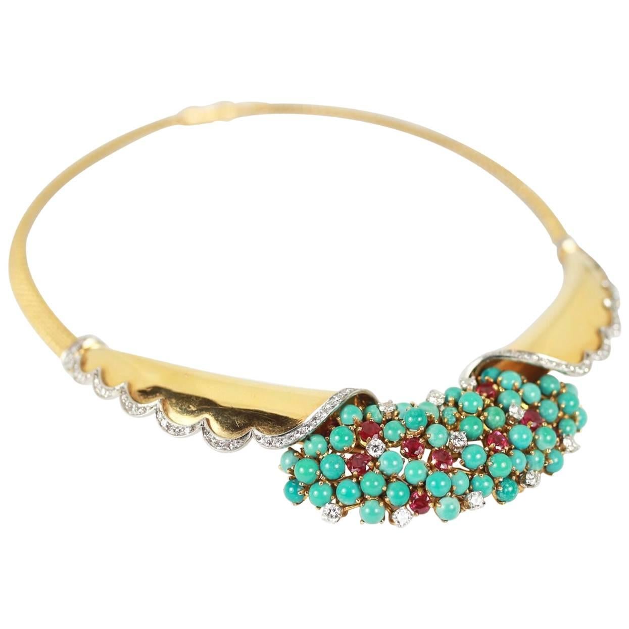 Diamond Ruby Turquoise Yellow Gold Statement Necklace For Sale