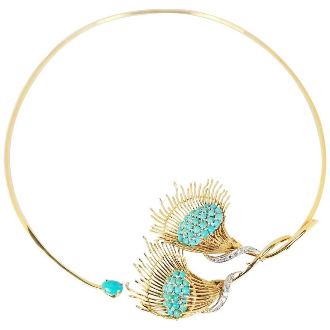 Turquoise and Diamond Statement Choker Necklace For Sale