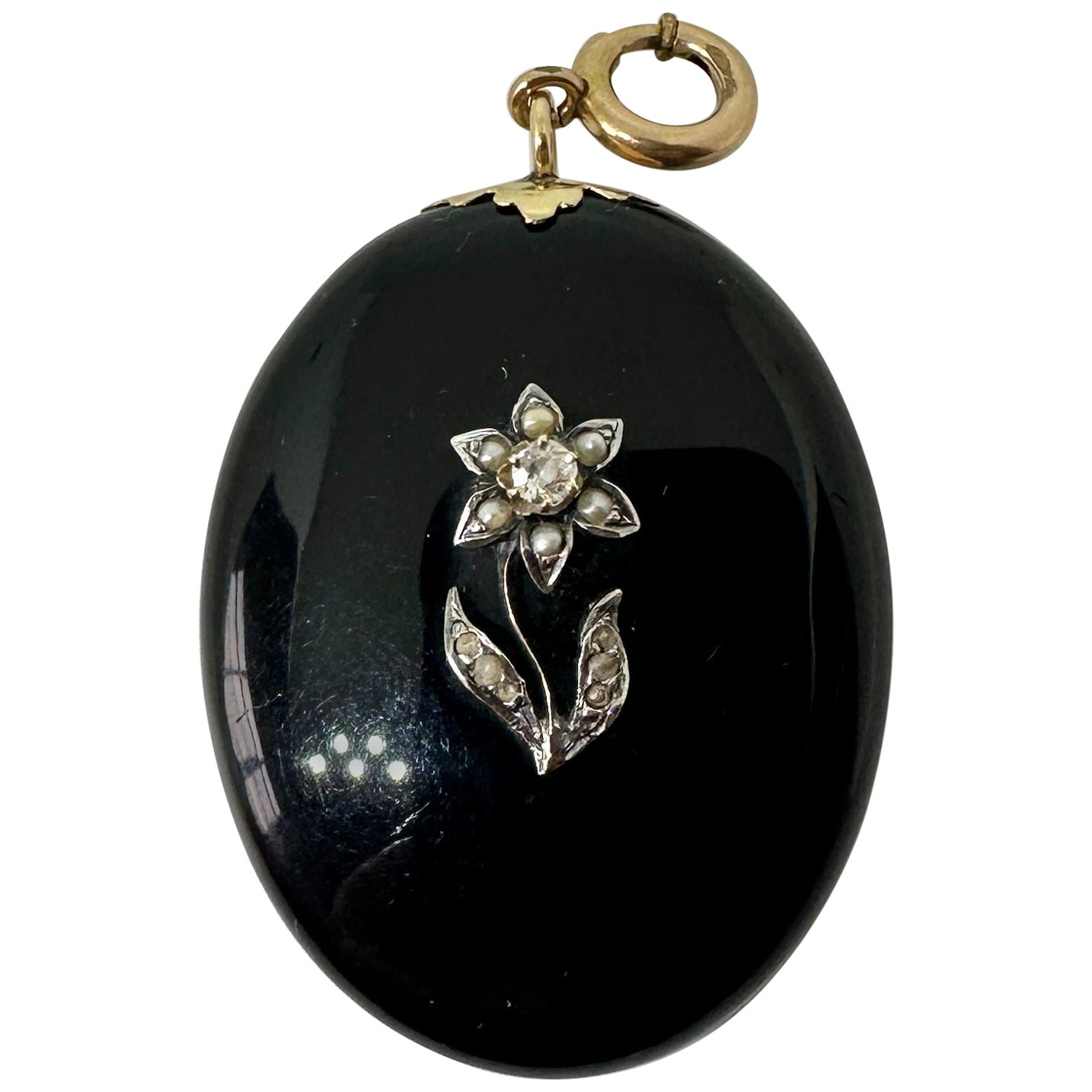 Victorian Flower Locket Old Mine Cut Diamond Black Onyx Pearl Pendant Necklace