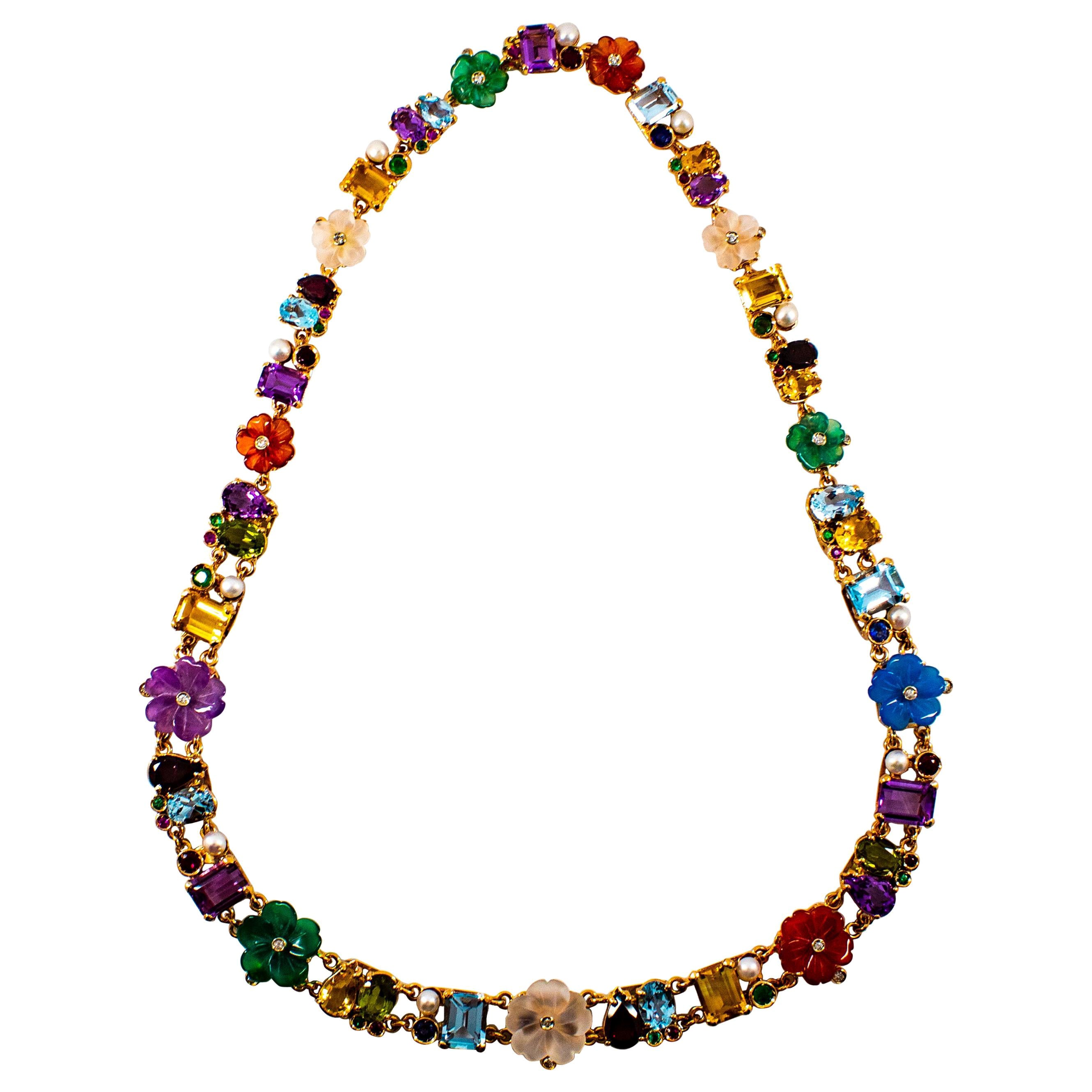 Collar de Flores de Oro Amarillo Estilo Art Nouveau Diamante Rubí Esmeralda Zafiro