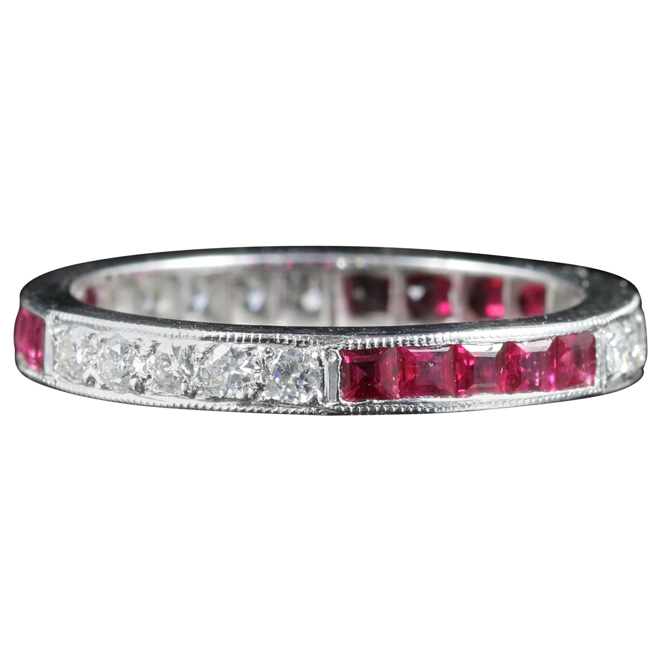 Ruby Diamond Eternity Ring 18 Carat White Gold Old Cut Diamonds For Sale
