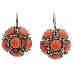 Coral, Diamonds, Rose Gold and Silver Earrings.