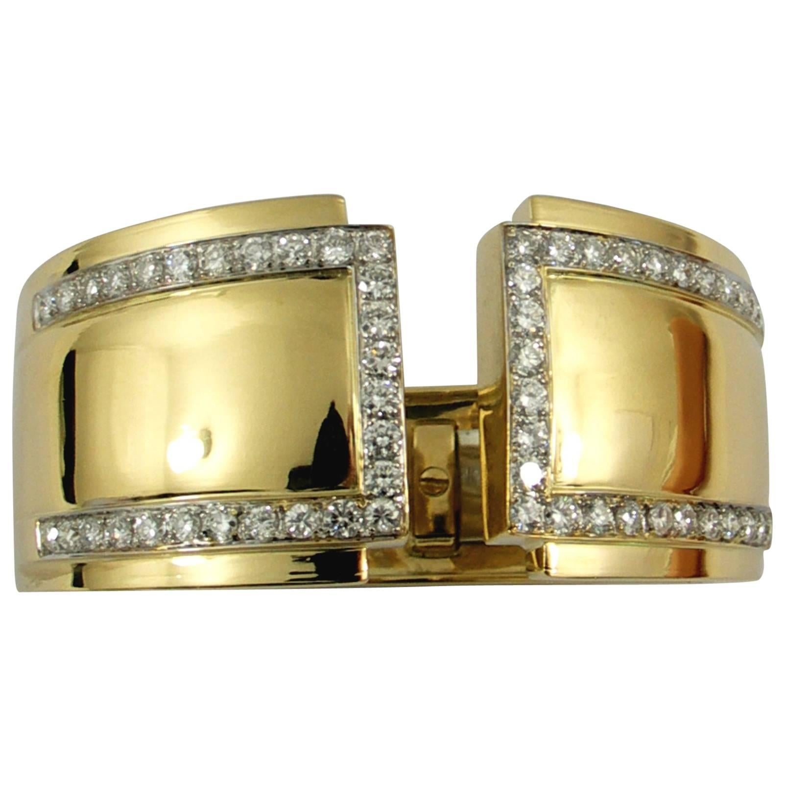 Split Front Wide Diamond Gold Cuff Bracelet