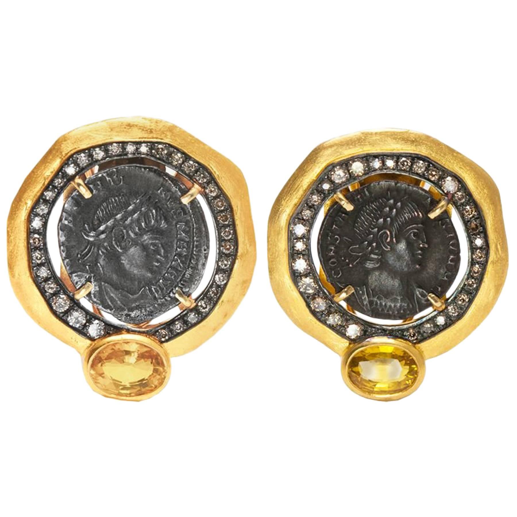 18 Karat Yellow Gold Roman Coin Yellow Sapphire and Diamond Earrings For Sale