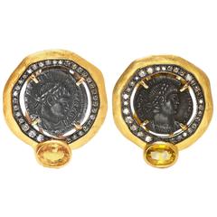 18 Karat Yellow Gold Roman Coin Yellow Sapphire and Diamond Earrings