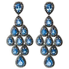 Blue Sapphires and Black Diamonds Chandelier Earrings