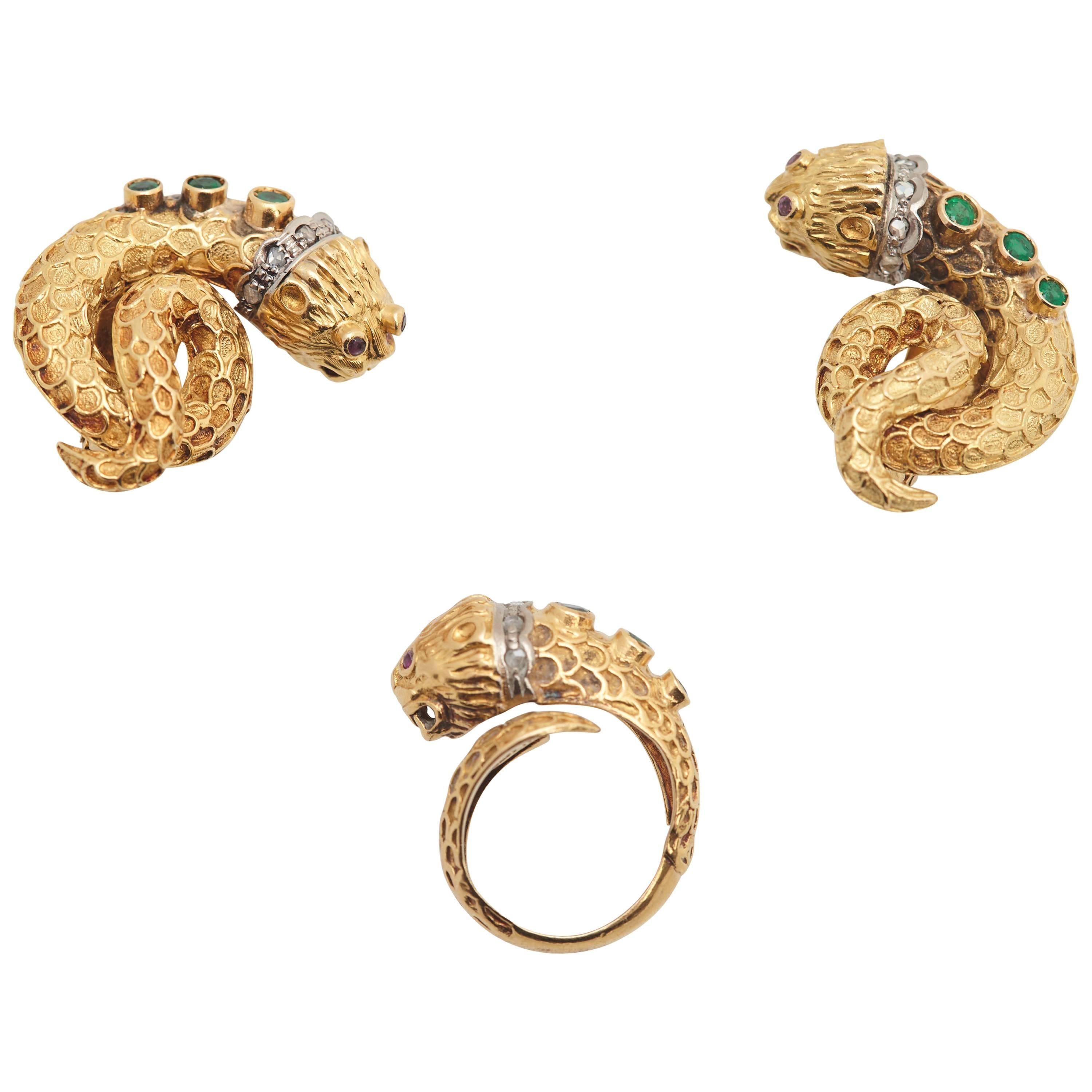 Lalaounis Emerald Diamond Gold Water-Snakes Set