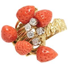 Coral Strawberries Diamond Gold Cocktail Ring