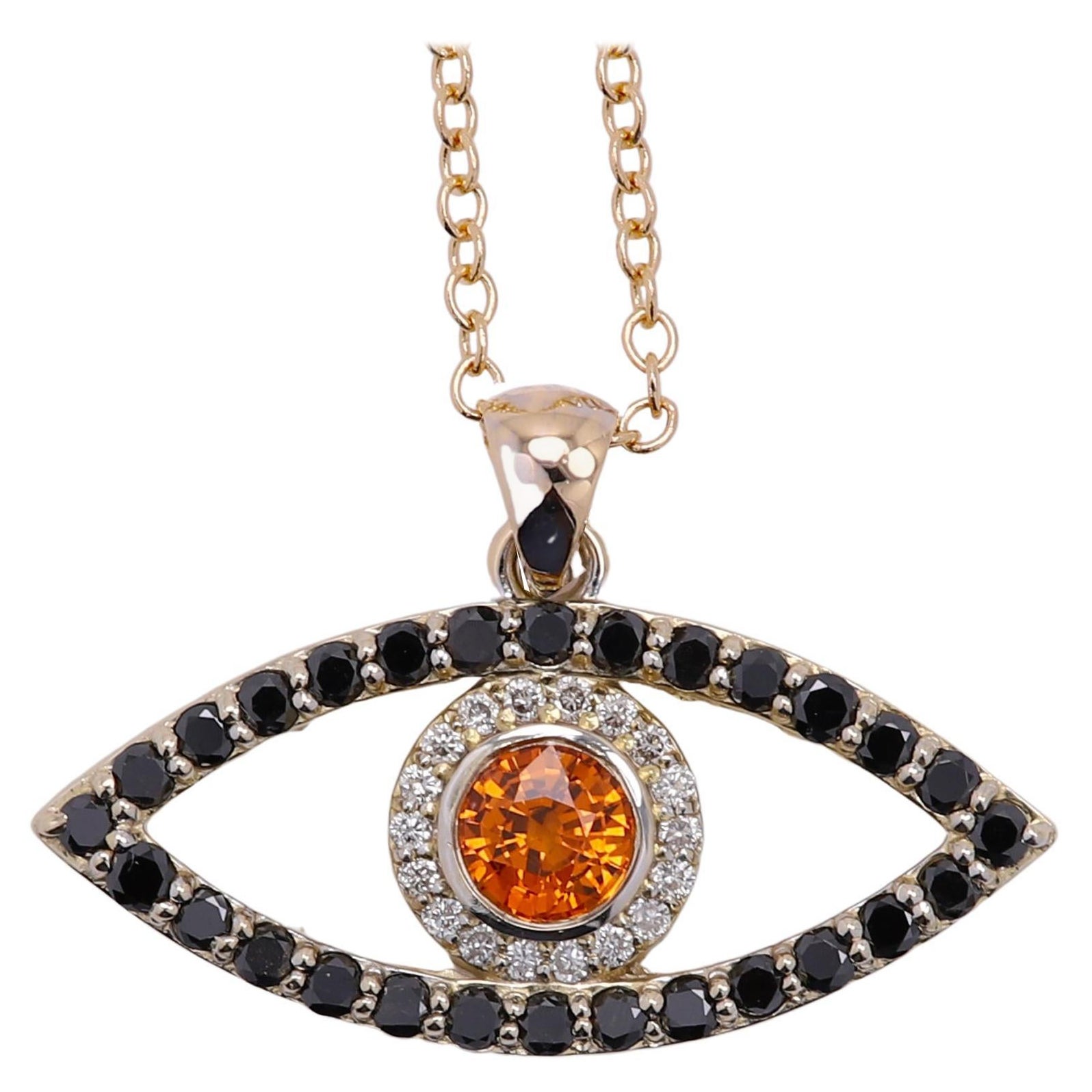 Gold Evil Eye 14 Karat Yellow Gold Black Diamonds and Orange Sapphire