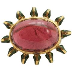 Retro Indian Enamel Tourmaline Yellow Gold Ring 7