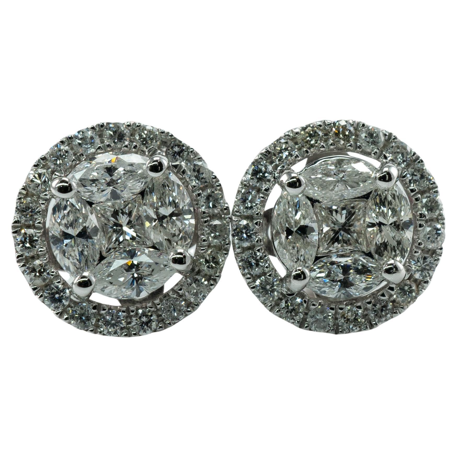 Natural Diamond Cluster Earrings, Round 14K White Gold Studs 1.20 Ctw