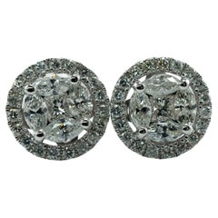 Natural Diamond Cluster Earrings, Round 14K White Gold Studs 1.20 Ctw