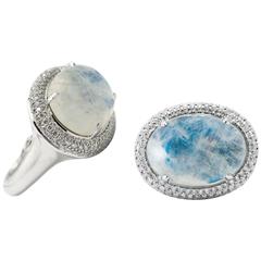 18 Karat Oval Cabochon Moonstone and Pave Diamond Ring