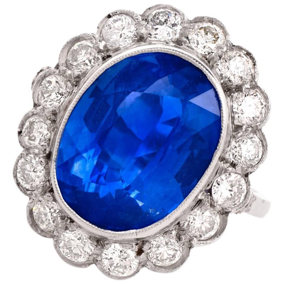 1950s GIA Certified 8.29 Carat Blue Sapphire Diamond Platinum Ring