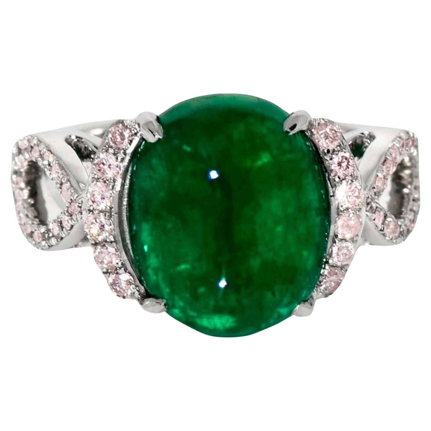 IGI 14K 4.63 Ct Emerald&Pink Diamonds Antique Art Deco Style Engagement Ring For Sale