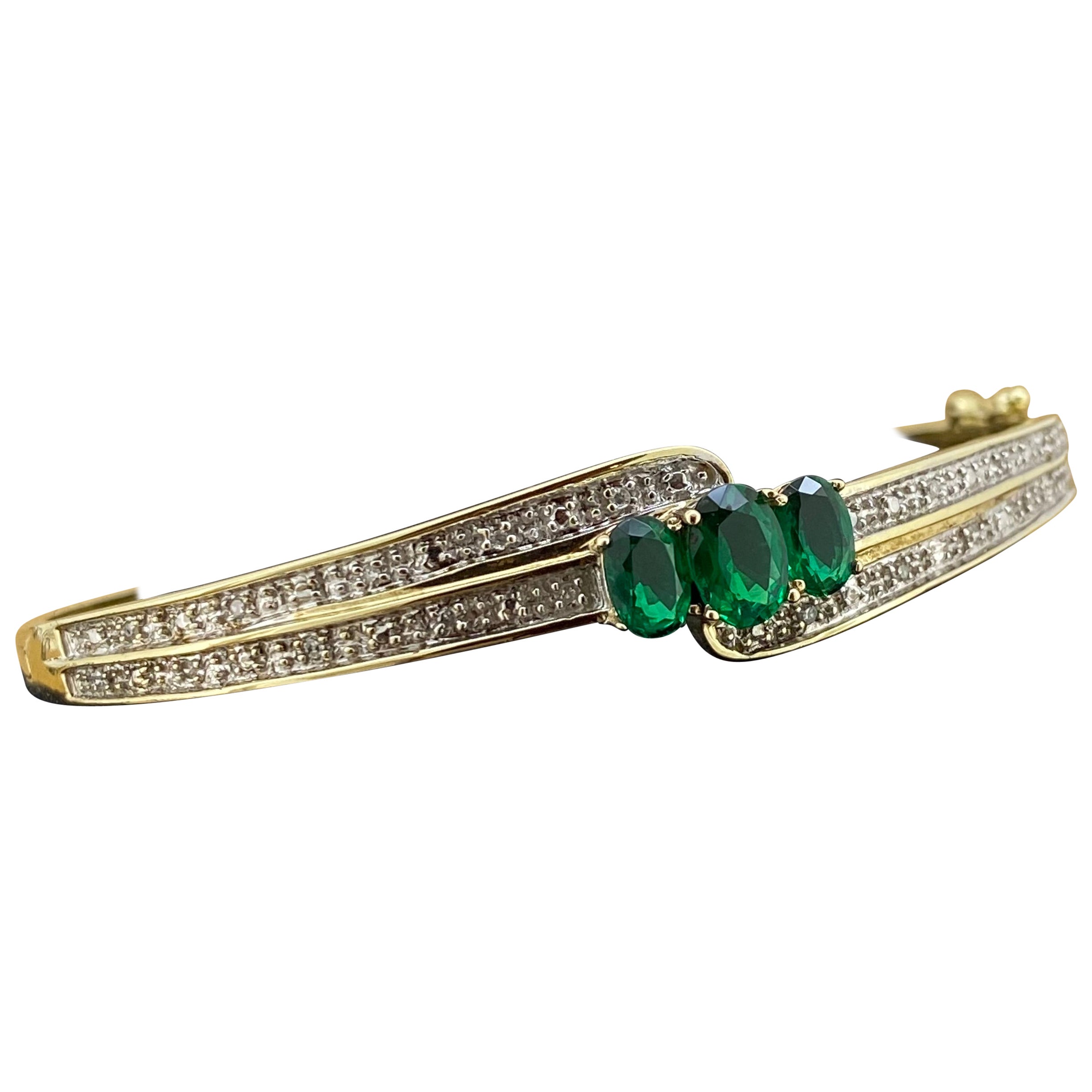 0.60ct Diamond, 2.00ct Gilson Emerald, 9K Yellow Gold Vintage Bangle, 19cm -7.5" For Sale