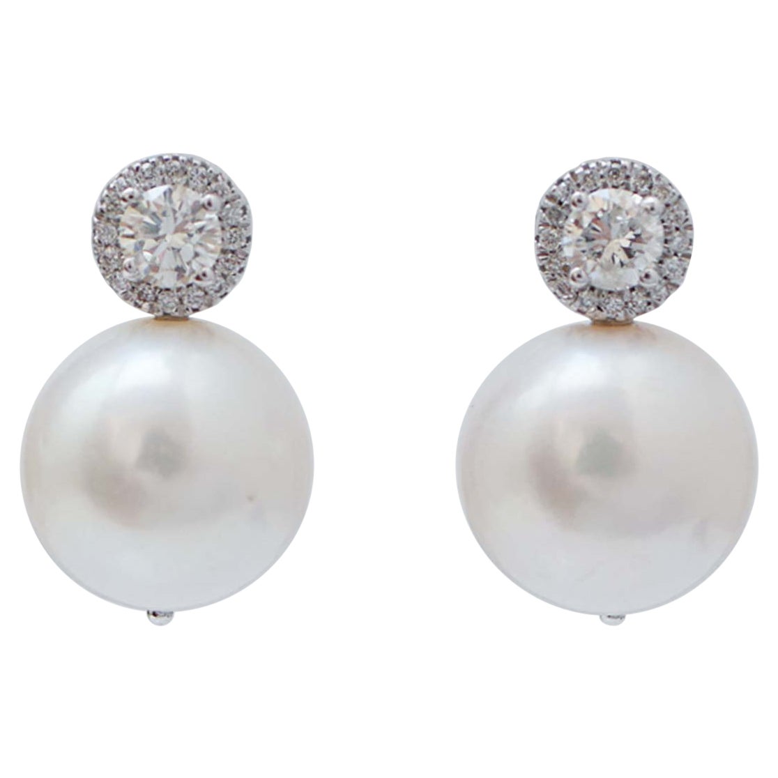 13 Mm White Pearls, Diamonds, 14 Karat White Gold Earrings.