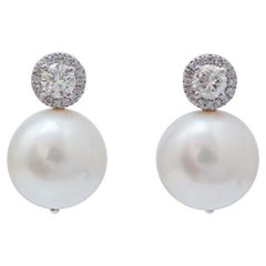 13 Mm White Pearls, Diamonds, 14 Karat White Gold Earrings.