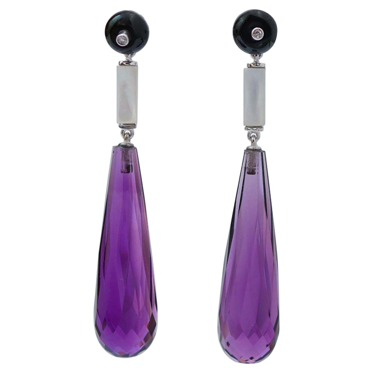 Amethysts, White Stones, Onyx, Diamonds, Platinum Earrings.