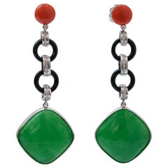 Diamonds, Onyx, Jade, Coral, Platinum Earrings.
