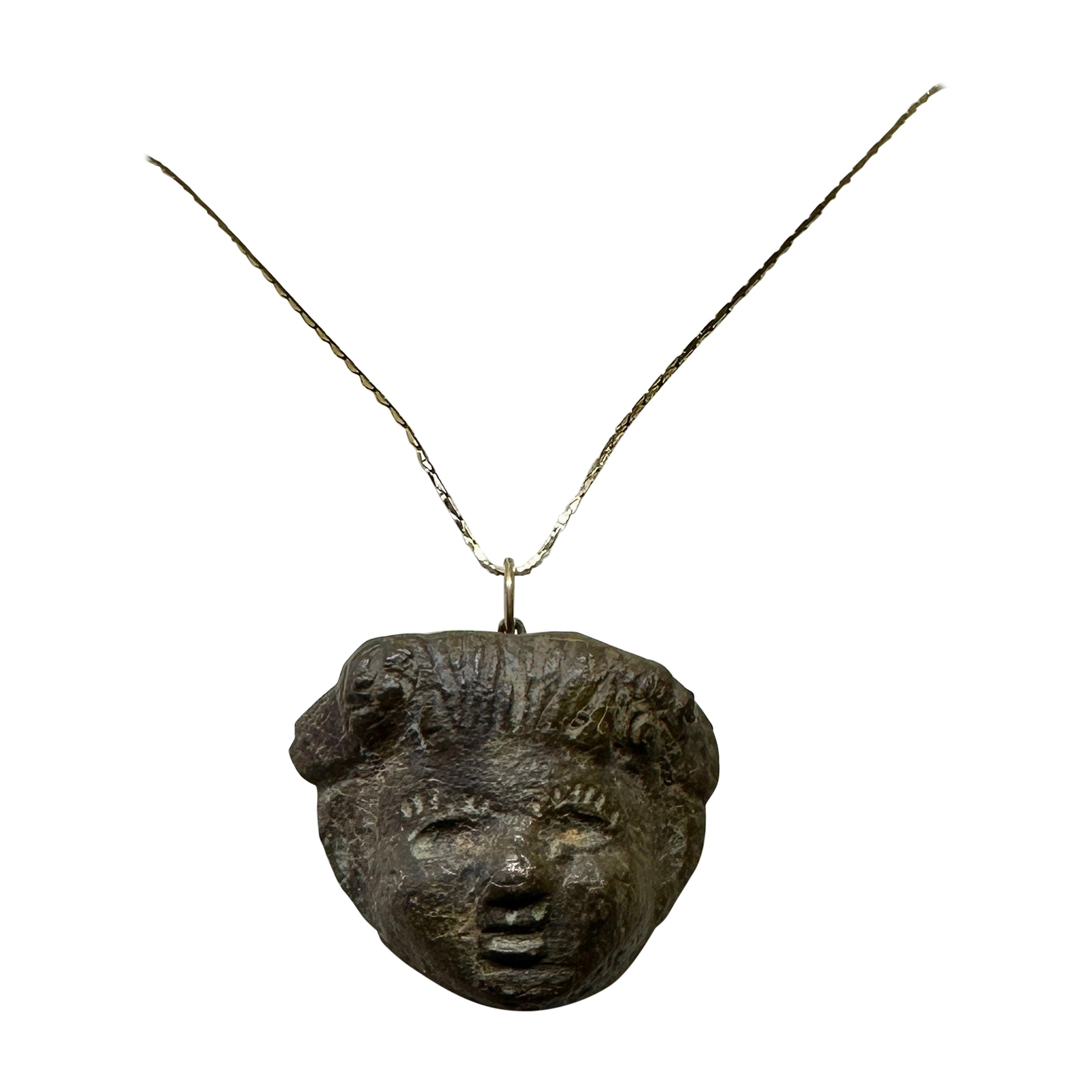 Ancient Roman Bronze Head of Bacchus Dionysos Pendant Necklace 2nd C AD 14K Gold
