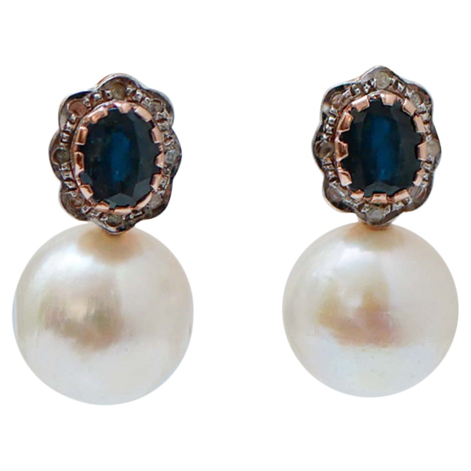 Pearls, Sapphires, Diamonds, Rose Gold and Silver Earrings.